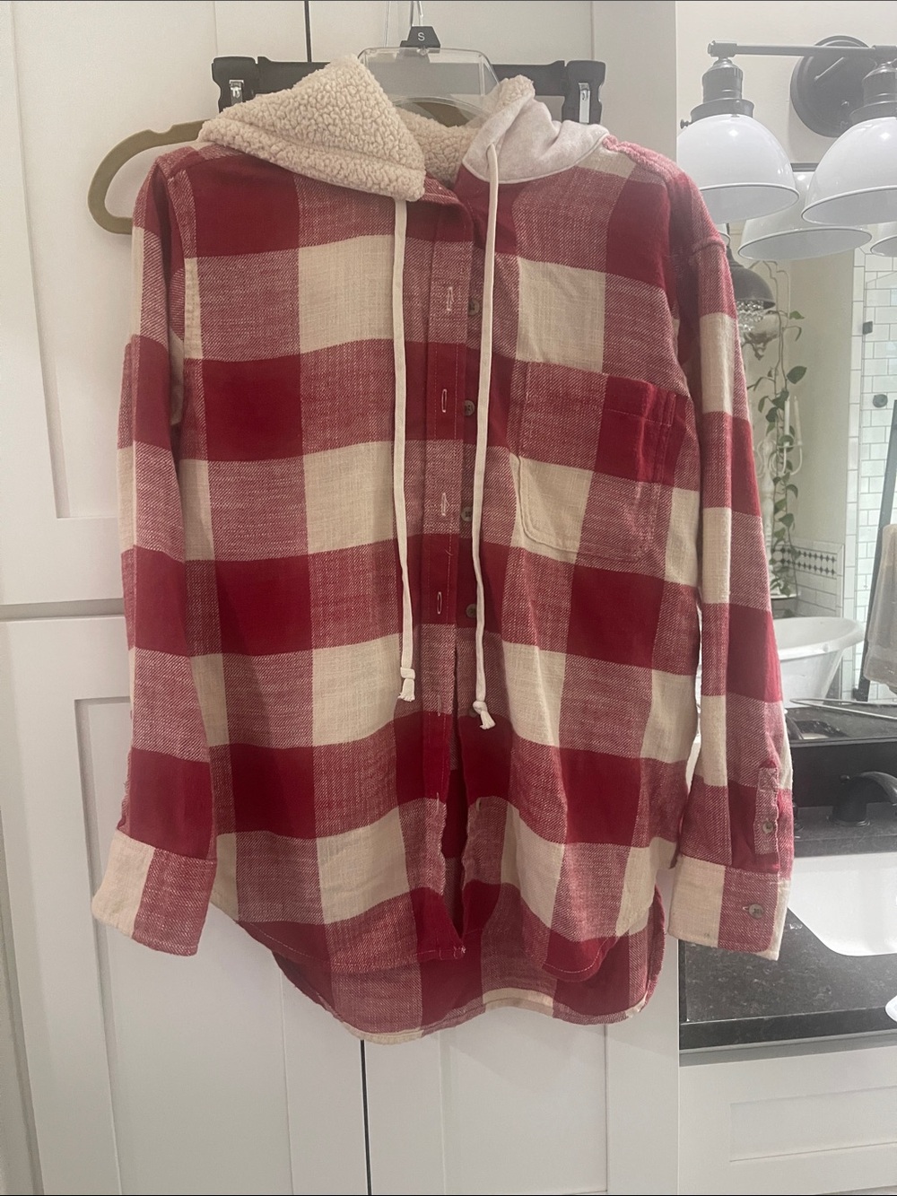 American Eagle Outfitters Red and Cream Plaid Button-Down Hooded Shirt